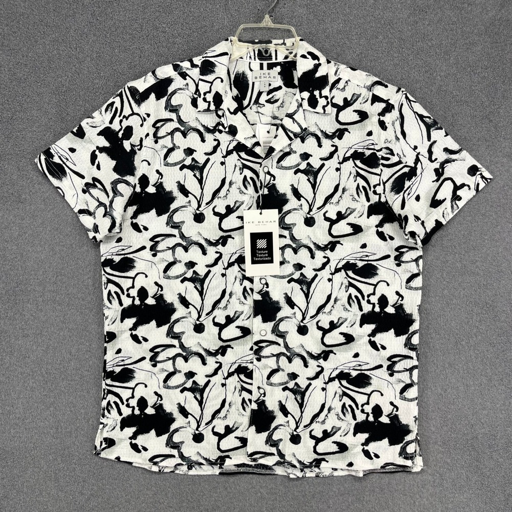 Ike Behar Shirt Mens Large White Black Abstract Floral Textured Camp Collar NWT